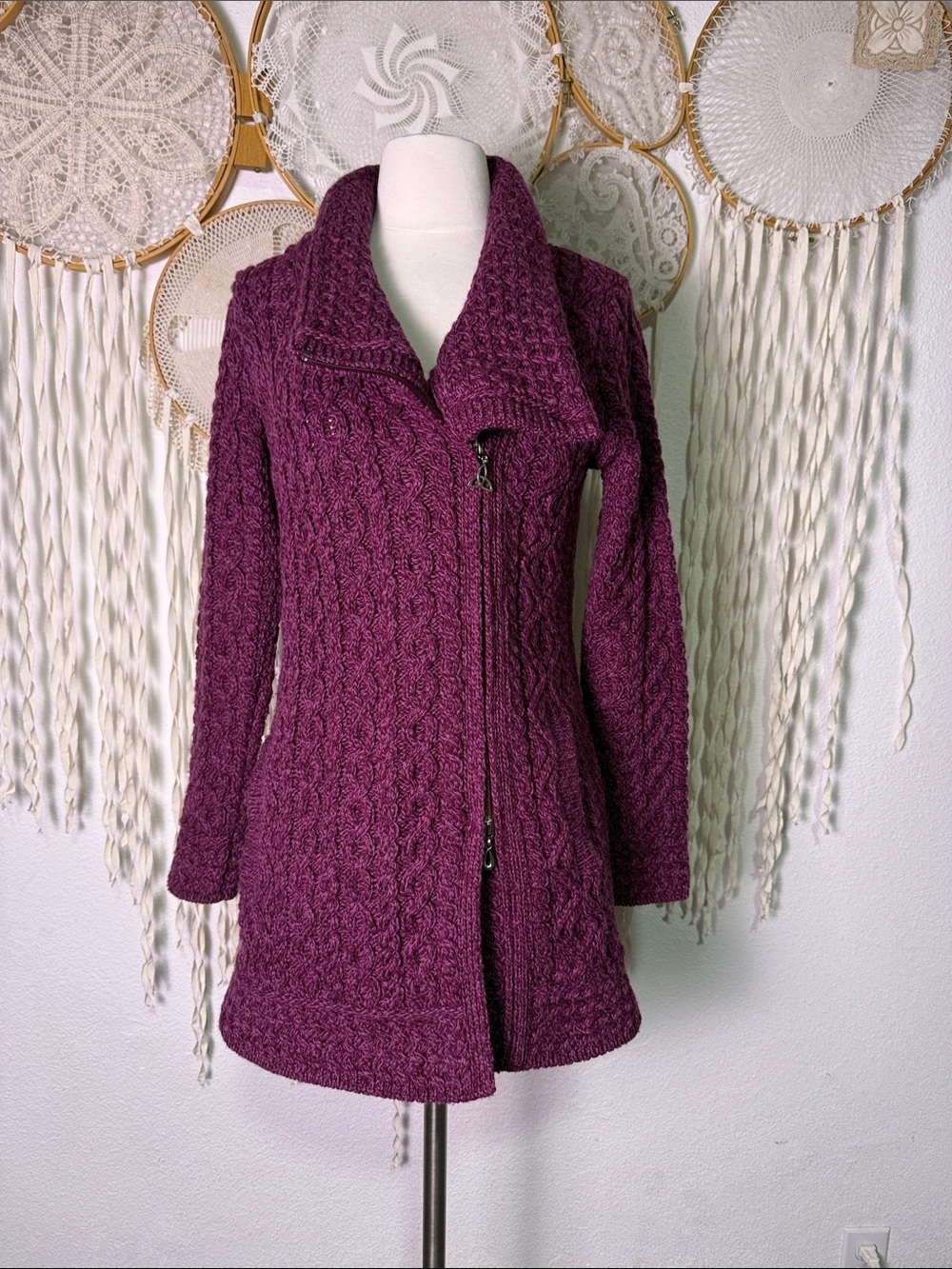 Aran Craft Merino Wool Long Sleeve Asymmetrical Zip Pockets Sweater Jacket XS